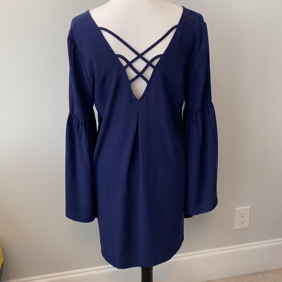 TCEC Navy Bell Sleeve V Neck Pullover Mini Dress Sz L - Picture 7 of 7